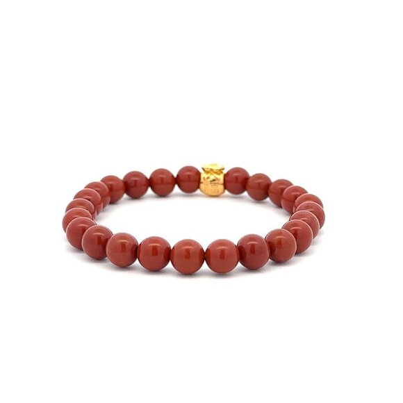18K Gold Money Bag Red Jasper Gemstones 6mm Lucky Charm Elastic Bracelet - Picture 4 of 5